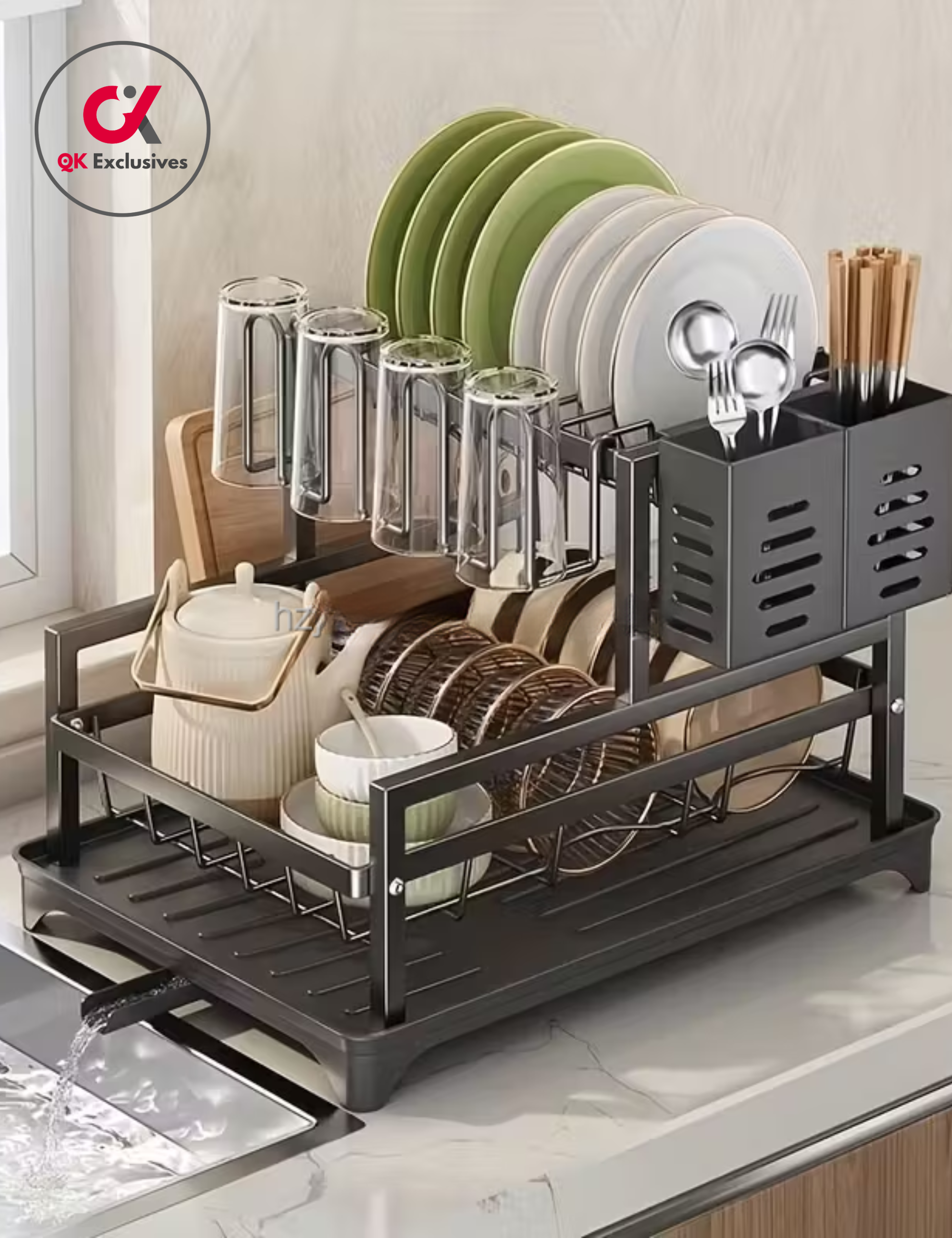 QK Exclusives - 2-Tier Dish Drying Rack with 360° Rotating Drainer & splash guard - Stainless Steel Dish Rack for Kitchen Counter -  Utensil Holder & Cutting Board Holder & Drainboard Tray, Rotatable Drainage System