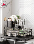 QK Exclusives - 2-Tier Dish Drying Rack with 360° Rotating Drainer & splash guard - Stainless Steel Dish Rack for Kitchen Counter -  Utensil Holder & Cutting Board Holder & Drainboard Tray, Rotatable Drainage System