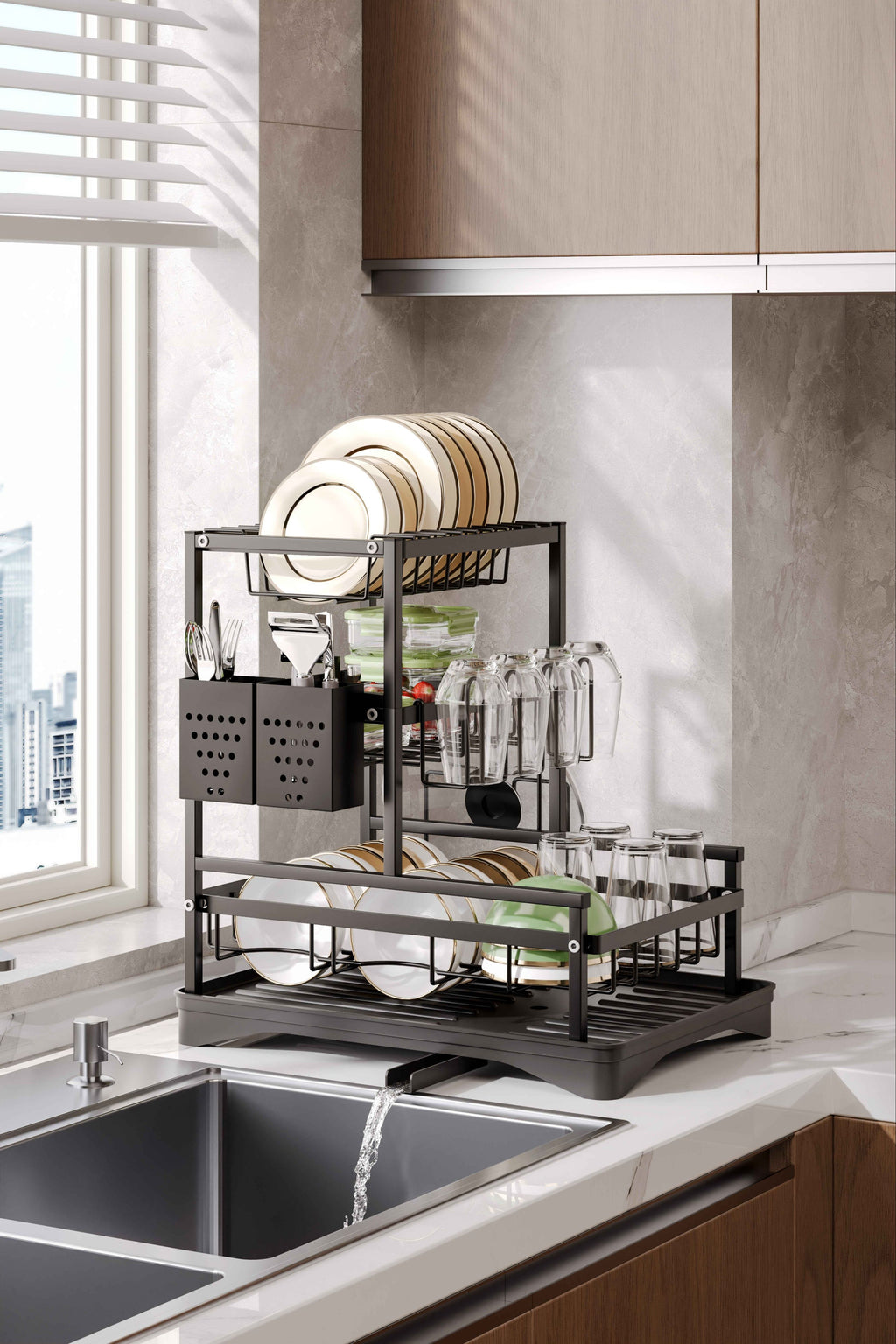 QK Exclusives - 3-Tier Dish Drying Rack with 360° Rotating Drainer - Stainless Steel Dish Rack for Kitchen Counter -  Utensil Holder & Cutting Board Holder & Drainboard Tray, Rotatable Drainage System
