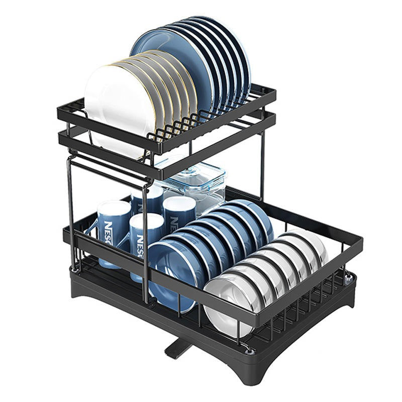 QK Exclusives - 2 Tier Dish Drying Rack with 360° Rotating Drainer - Stainless Steel Dish Rack for Kitchen Counter - Multi-layer Rust-proof Stainless Steel Dish Drainer stand Over Kitchen Sink