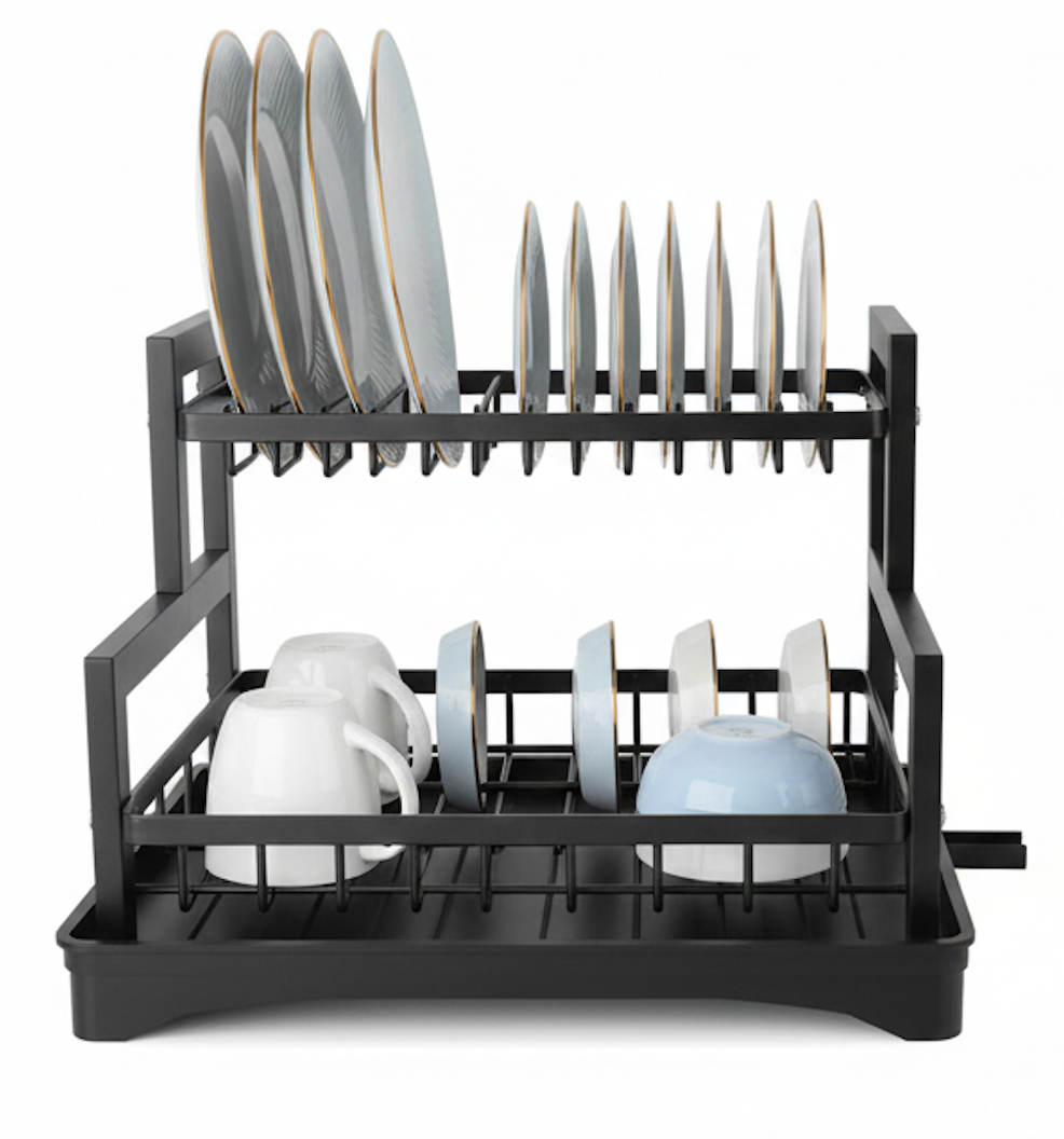 QK Exclusives - 2 Tier Dish Drying Rack with 360° Rotating Drainer - Stainless Steel Dish Rack for Kitchen Counter - Multi-layer Rust-proof Stainless Steel Dish Drainer stand Over Kitchen Sink