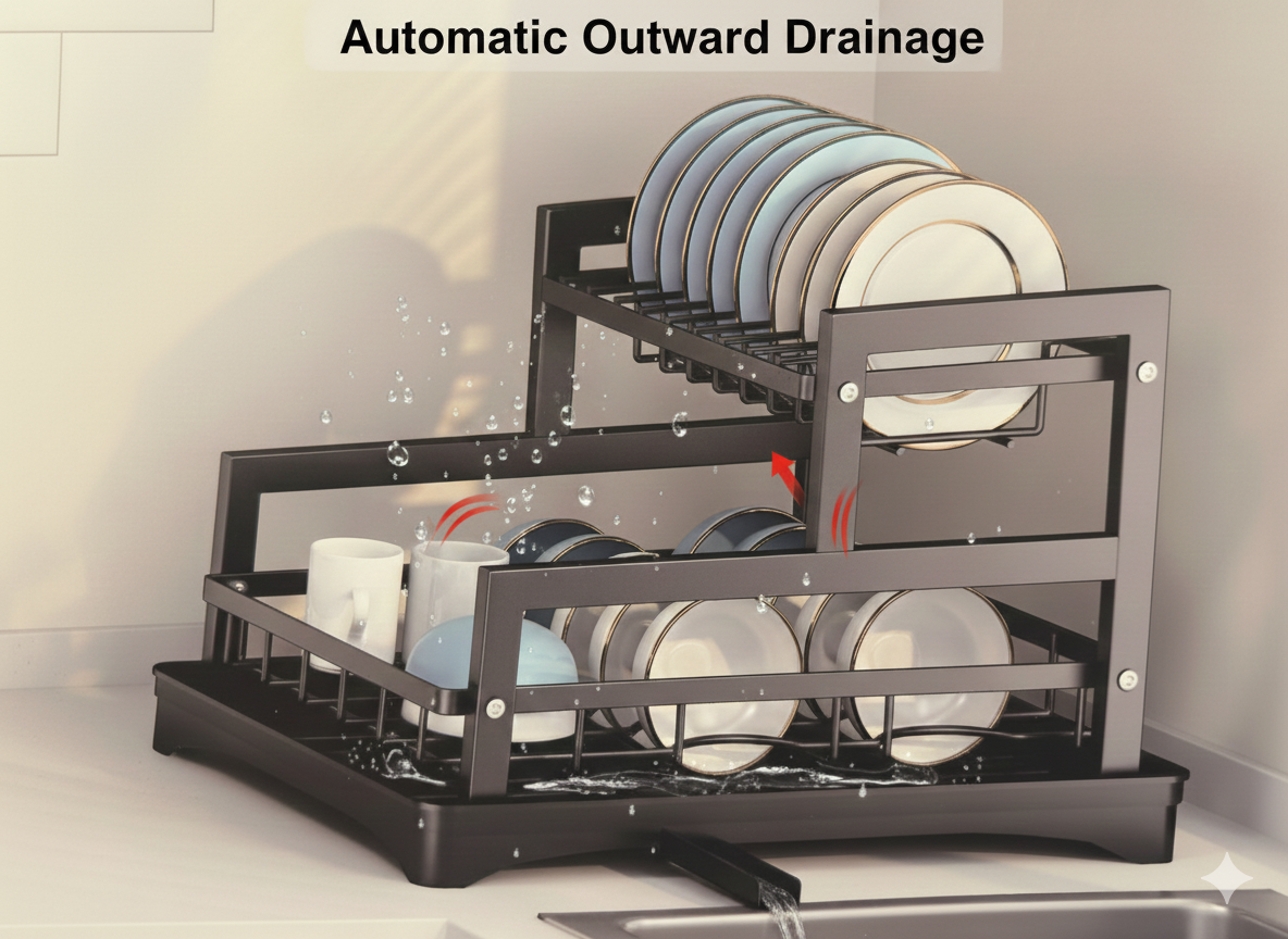 QK Exclusives - 2 Tier Dish Drying Rack with 360° Rotating Drainer - Stainless Steel Dish Rack for Kitchen Counter - Multi-layer Rust-proof Stainless Steel Dish Drainer stand Over Kitchen Sink