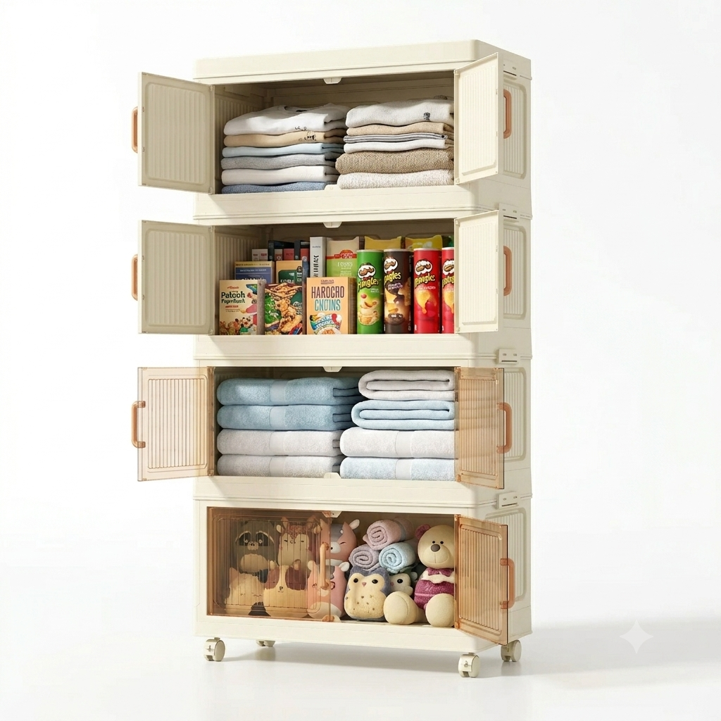 QK Exclusives- 4 Tier Foldable Plastic Storage Cabinet - 50cm with Handle, Double Doors & Wheels, Closet Organizers Storage Cabinet for Clothes Toys Books 50cm Wide Collapsible Container for Home Office and Outdoor