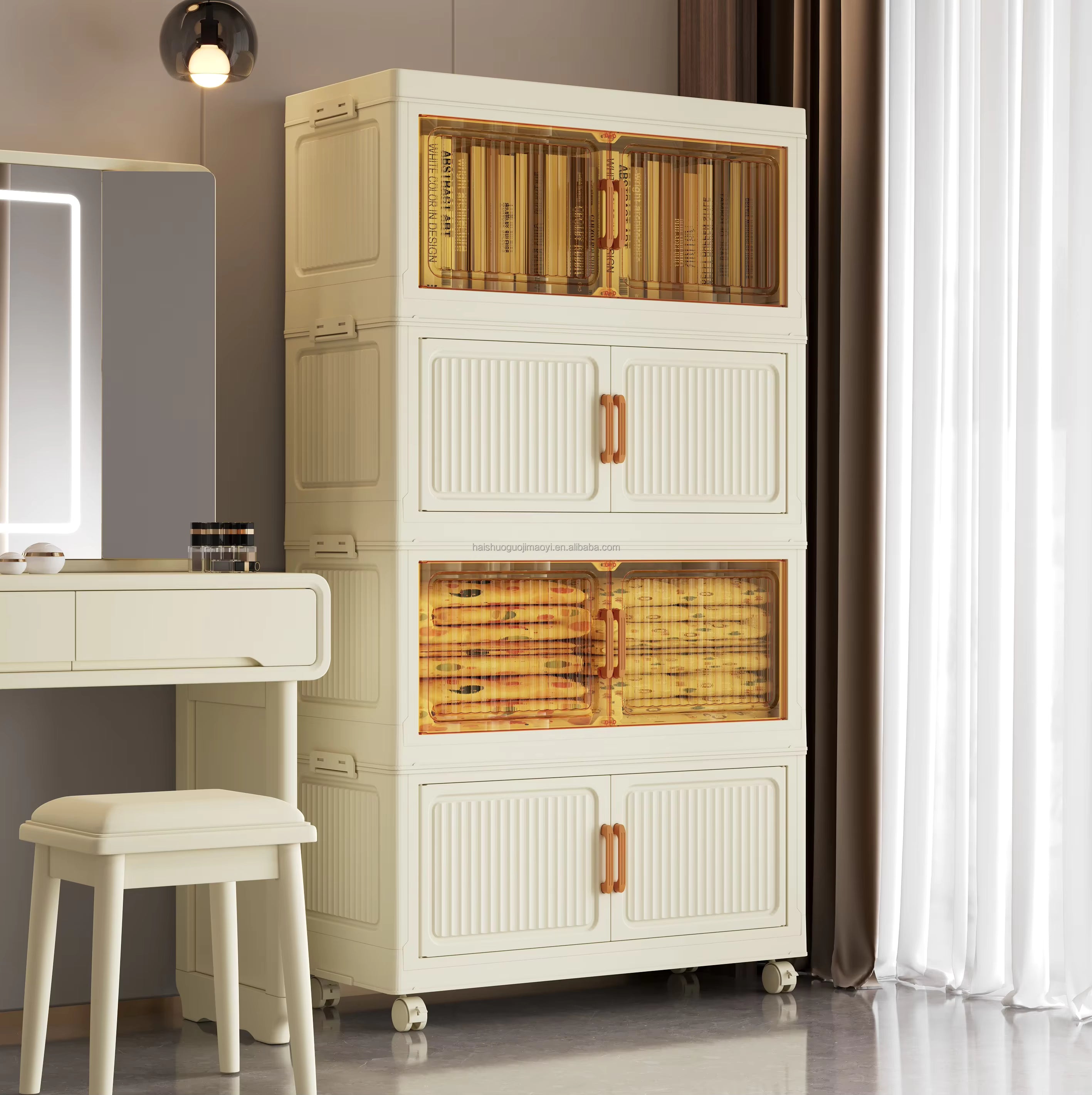 QK Exclusives- 4 Tier Foldable Plastic Storage Cabinet - 50cm with Handle, Double Doors & Wheels, Closet Organizers Storage Cabinet for Clothes Toys Books 50cm Wide Collapsible Container for Home Office and Outdoor