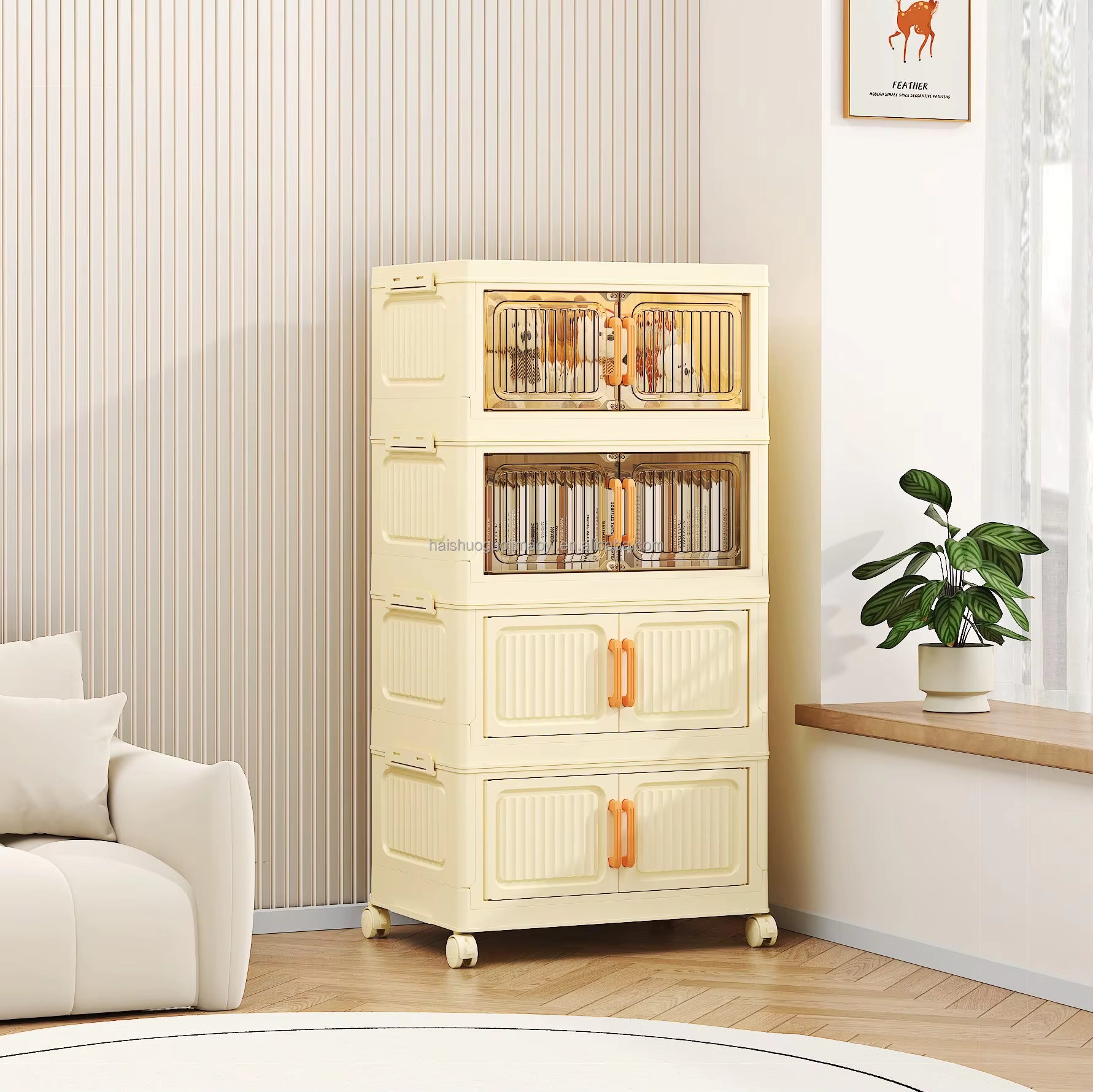 QK Exclusives- 4 Tier Foldable Plastic Storage Cabinet - 50cm with Handle, Double Doors & Wheels, Closet Organizers Storage Cabinet for Clothes Toys Books 50cm Wide Collapsible Container for Home Office and Outdoor