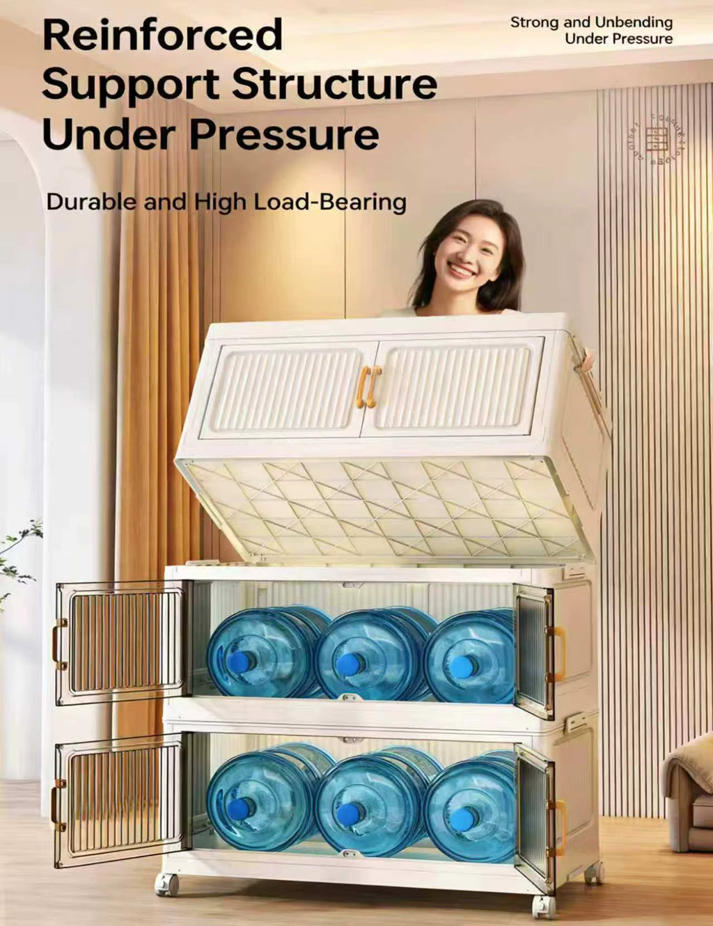 QK Exclusives- 4 Tier Foldable Plastic Storage Cabinet - 50cm with Handle, Double Doors & Wheels, Closet Organizers Storage Cabinet for Clothes Toys Books 50cm Wide Collapsible Container for Home Office and Outdoor