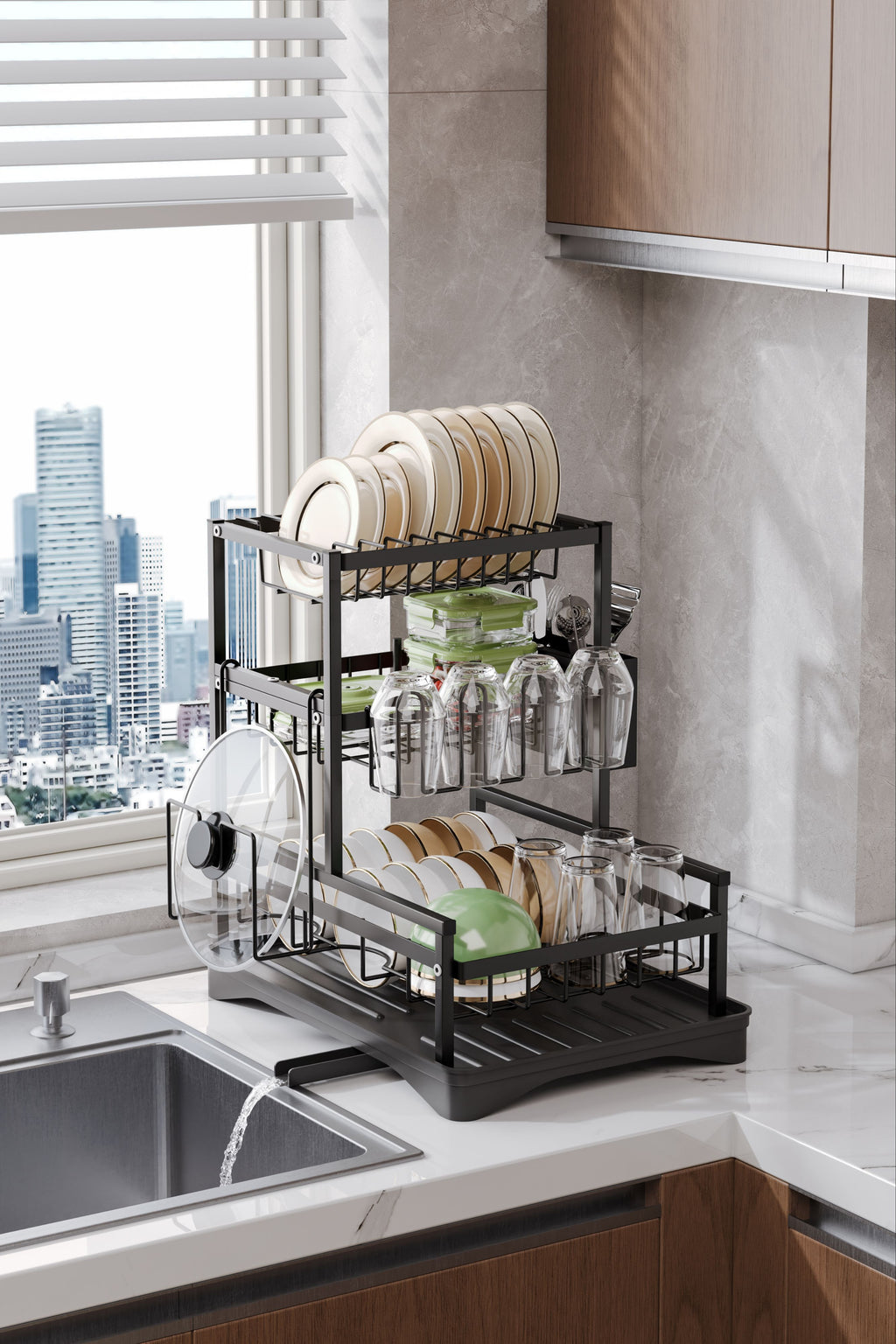 QK Exclusives - 3-Tier Dish Drying Rack with 360° Rotating Drainer - Stainless Steel Dish Rack for Kitchen Counter -  Utensil Holder & Cutting Board Holder & Drainboard Tray, Rotatable Drainage System