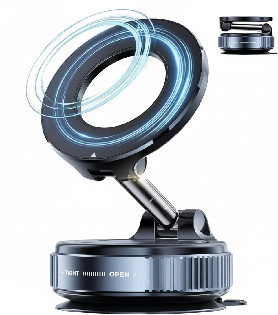 QK Exclusives - Car Phone Holder - 360° Adjustable Car Phone Mount - Rotatable and Foldable with strong Vacuum Suction and Magnetic Ring, for Car and Other Smooth Surface