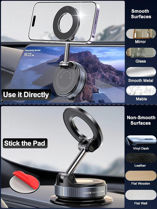 QK Exclusives - Car Phone Holder - 360° Adjustable Car Phone Mount - Rotatable and Foldable with strong Vacuum Suction and Magnetic Ring, for Car and Other Smooth Surface