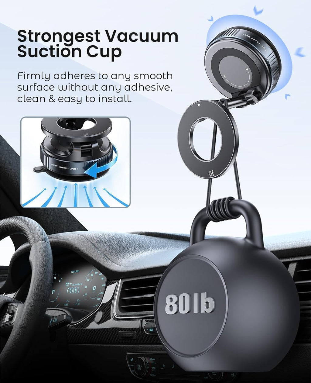 QK Exclusives - Car Phone Holder - 360° Adjustable Car Phone Mount - Rotatable and Foldable with strong Vacuum Suction and Magnetic Ring, for Car and Other Smooth Surface