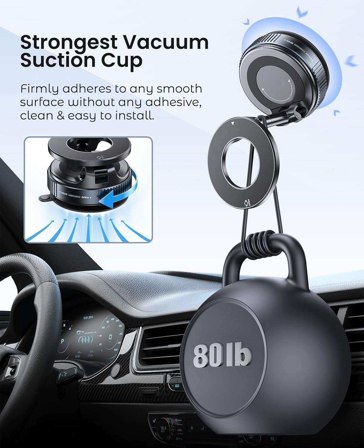 QK Exclusives - Car Phone Holder - 360° Adjustable Car Phone Mount - Rotatable and Foldable with strong Vacuum Suction and Magnetic Ring, for Car and Other Smooth Surface
