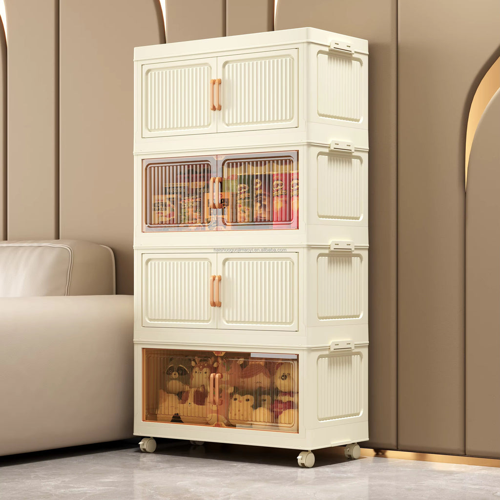 QK Exclusives- 4 Tier Foldable Plastic Storage Cabinet - 50cm with Handle, Double Doors & Wheels, Closet Organizers Storage Cabinet for Clothes Toys Books 50cm Wide Collapsible Container for Home Office and Outdoor
