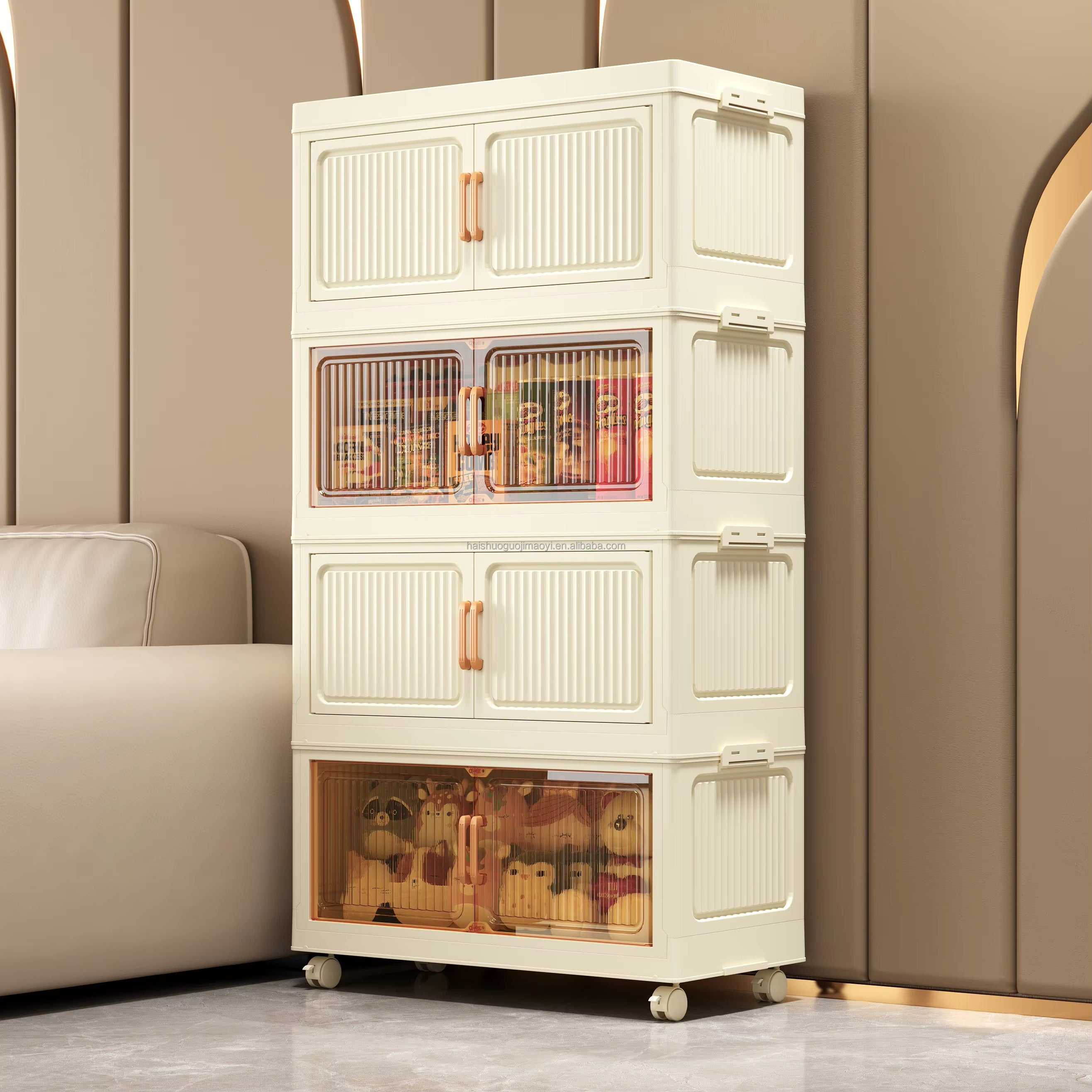 QK Exclusives- 4 Tier Foldable Plastic Storage Cabinet - 50cm with Handle, Double Doors & Wheels, Closet Organizers Storage Cabinet for Clothes Toys Books 50cm Wide Collapsible Container for Home Office and Outdoor